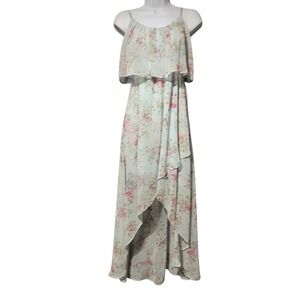 Disney Cinderella Floral High Low Maxi Dress Light Blue Pink Rose Chiffon‎ XS